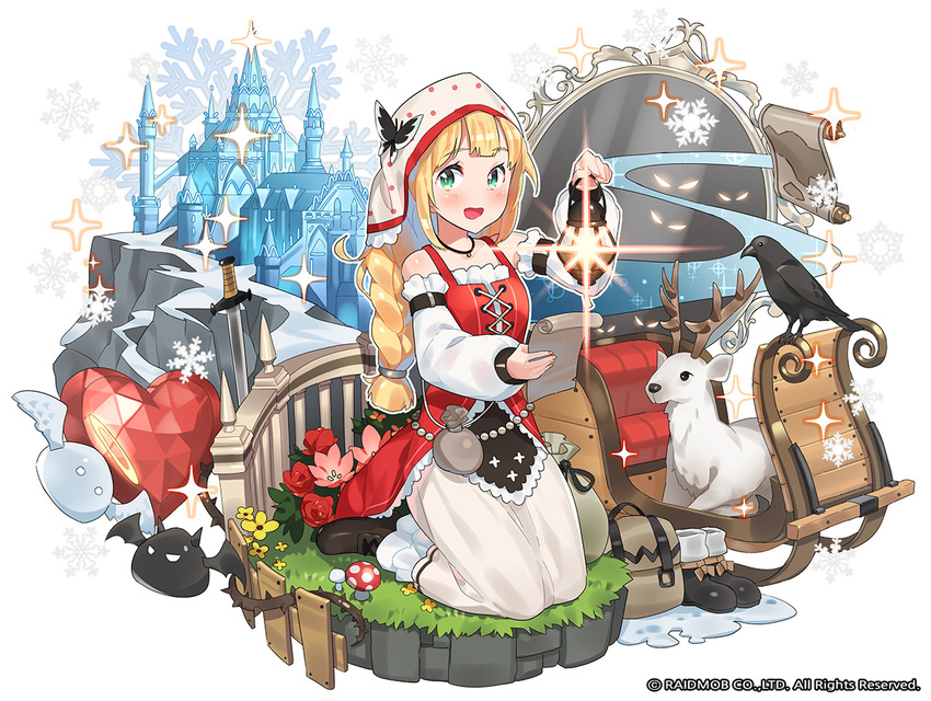 bird blonde_hair blush ddal green_eyes heart kneeling lantern long_hair mushroom open_mouth original sled snowflakes sparkle