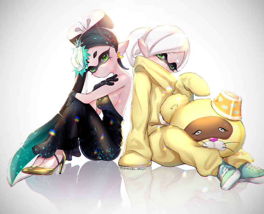 2girls absurdres alternate_eye_color aori_(splatoon) back-to-back black_dress black_gloves black_hair commentary_request costume domino_mask dress earrings food food_on_head formal gloves green_eyes grey_hair high_heels highres hotaru_(splatoon) jewelry long_dress long_hair looking_at_viewer mascot mask mole mole_under_eye multiple_girls object_on_head pointy_ears puchiman short_hair sitting smile splatoon_(series) splatoon_1 strapless twitter_username