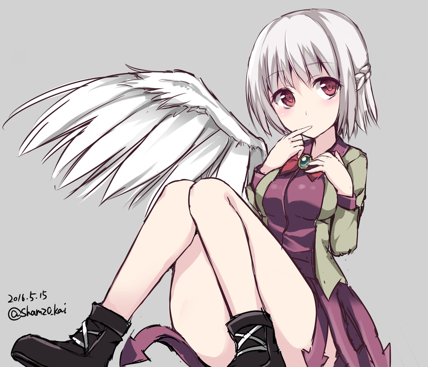 2016 bare_legs boots bow bowtie braid breasts convenient_leg dated dress finger_to_mouth french_braid grey_background highres jacket kishin_sagume long_sleeves medium_breasts purple_dress red_eyes shamuichi short_dress short_hair silver_hair simple_background single_wing sitting sketch solo touhou twitter_username white_hair wings