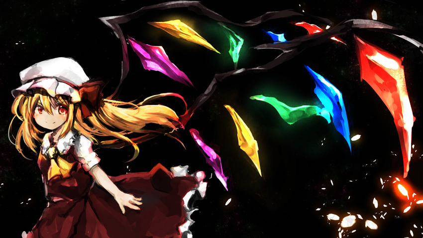 blonde_hair flandre_scarlet hat highres long_hair mob_cap red_eyes side_ponytail solo tosura-ayato touhou wings