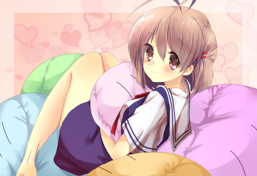 brown_eyes brown_hair clannad cushion dango_daikazoku furukawa_nagisa hikarizaka_private_high_school_uniform momijiko okazaki_tomoya pillow school_uniform serafuku short_hair