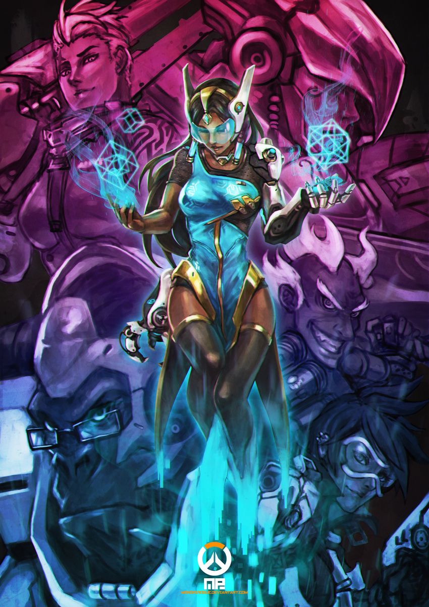 4girls absurdres armor black_hair black_legwear bodysuit breasts cowboy_shot dark_skin eyebrows glasses goggles gorilla grin gun headgear highres hologram jacket junkrat_(overwatch) large_breasts light_smile long_hair looking_at_viewer looking_down mechanical_arm monori_rogue multiple_boys multiple_girls overwatch pharah_(overwatch) power_armor short_hair side_slit smile solo_focus spiked_hair standing symmetra_(overwatch) thick_eyebrows thighhighs tracer_(overwatch) visor watermark weapon web_address winston_(overwatch) zarya_(overwatch)