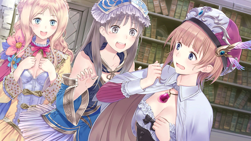 atelier_(series) atelier_meruru atelier_rorona atelier_totori blue_eyes breasts brown_eyes brown_hair cleavage collarbone detached_sleeves hair_ornament hat jewelry kishida_mel light_brown_hair long_hair medium_breasts merurulince_rede_arls multiple_girls necklace official_art open_mouth rororina_fryxell small_breasts sweatdrop tears totooria_helmold