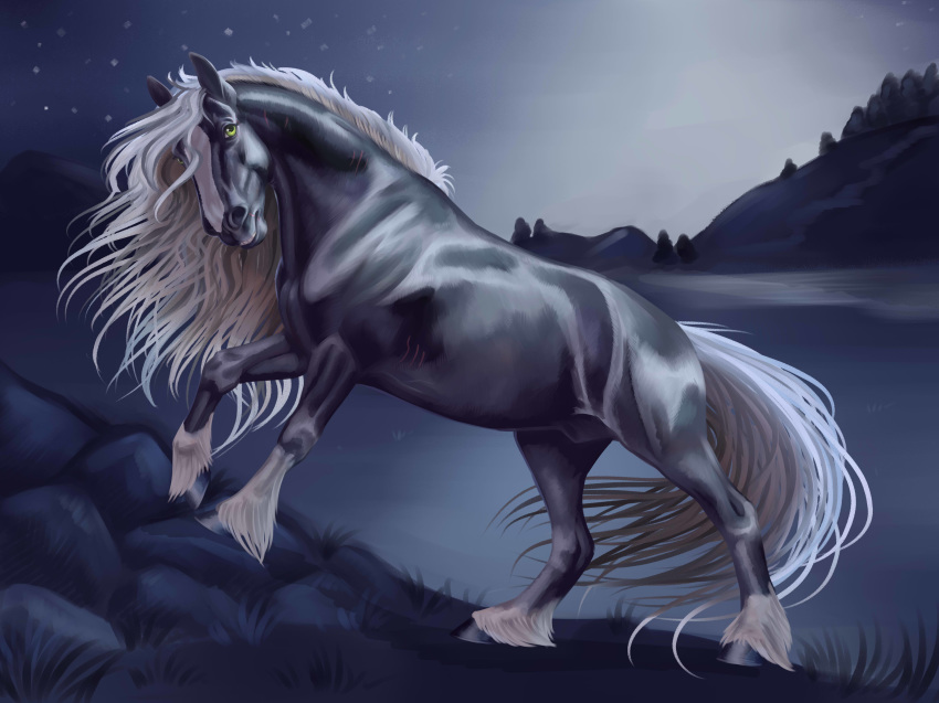 2018 absurd_res aidan_(apollo13) animal_genitalia black_fur black_hooves black_sheath detailed_background digital_media_(artwork) draft_horse equine feathering feral full-length_portrait fully_sheathed fur green_eyes hi_res hooves horse karmen16 lake looking_at_viewer male mammal mane multicolored_fur night outside portrait quadruped sheath shire sky solo star starry_sky two_tone_fur white_fur white_mane white_tail