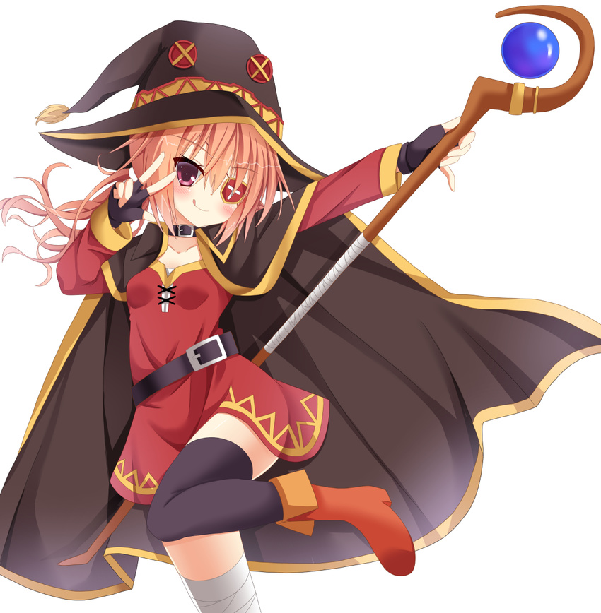 belt black_cape black_gloves black_legwear blush boots brown_footwear cape collar cosplay eyepatch fingerless_gloves gloves hat highres holding holding_staff inaba_meguru kono_subarashii_sekai_ni_shukufuku_wo! megumin megumin_(cosplay) namesake nekono purple_eyes sanoba_witch smile solo staff standing standing_on_one_leg v white_background witch_hat