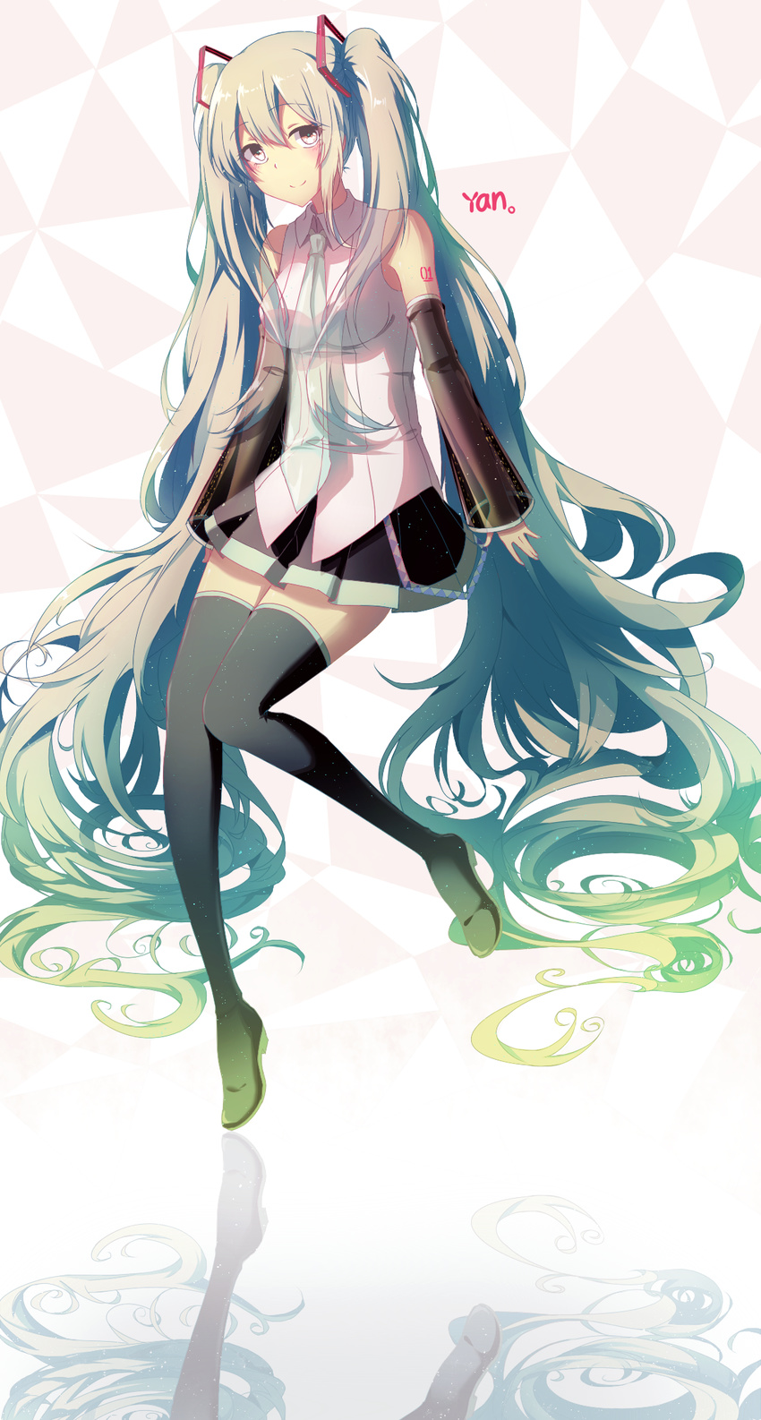 aqua_eyes aqua_hair black_footwear black_legwear boots detached_sleeves hatsune_miku headphones headset highres isumi_(yangyan) long_hair necktie reflection skirt smile solo thigh_boots thighhighs twintails very_long_hair vocaloid