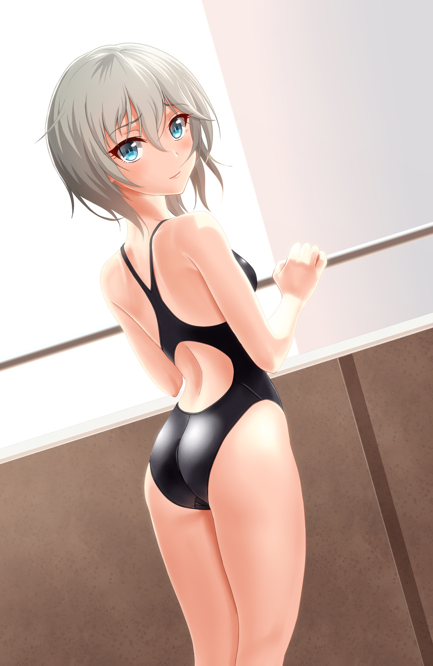 absurdres anastasia_(idolmaster) ass bare_arms bare_legs bare_shoulders black_swimsuit blue_eyes closed_mouth competition_swimsuit cowboy_shot day dutch_angle eyelashes hair_between_eyes highres idolmaster idolmaster_cinderella_girls lips looking_at_viewer one-piece_swimsuit railing short_hair silver_hair smile solo standing sunlight swimsuit taka_(takahirokun) tsurime