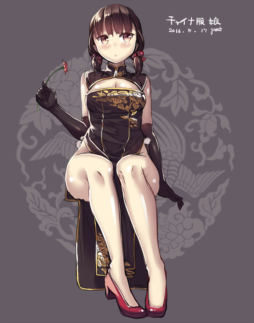 2016 breasts brown_eyes brown_hair china_dress chinese_clothes cleavage cleavage_cutout dated dress elbow_gloves full_body garnet gloves highres large_breasts original short_hair solo