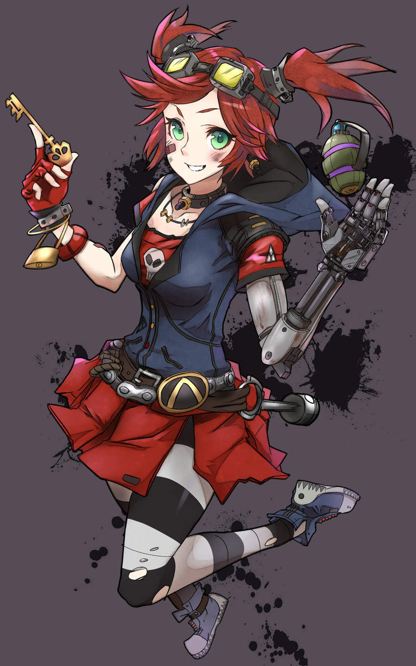 bandage bandage_on_face borderlands borderlands_2 breasts choker fingerless_gloves gaige gloves goggles goggles_on_head green_eyes hood hoodie jacket key mechanical_arm prosthetic_arm red_hair shoes skirt sleeveless smile sneakers solo striped striped_legwear torn_clothes twintails weapon