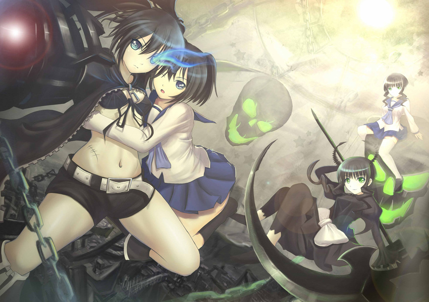 absurdres bad_id bad_pixiv_id black_bikini_top black_dress black_hair black_rock_shooter black_rock_shooter_(character) black_shorts black_sweater blue_eyes blue_skirt breasts burning_eye cardigan chain cleavage collarbone dead_master dress dual_persona front-tie_bikini front-tie_top green_eyes highres holding holding_weapon horns kuroi_mato long_hair looking_at_viewer multiple_girls navel one_eye_closed open_cardigan open_clothes open_mouth pleated_skirt scar school_uniform scythe short_hair short_shorts shorts sitting skirt skull small_breasts sola_(sola04) sweater takanashi_yomi weapon