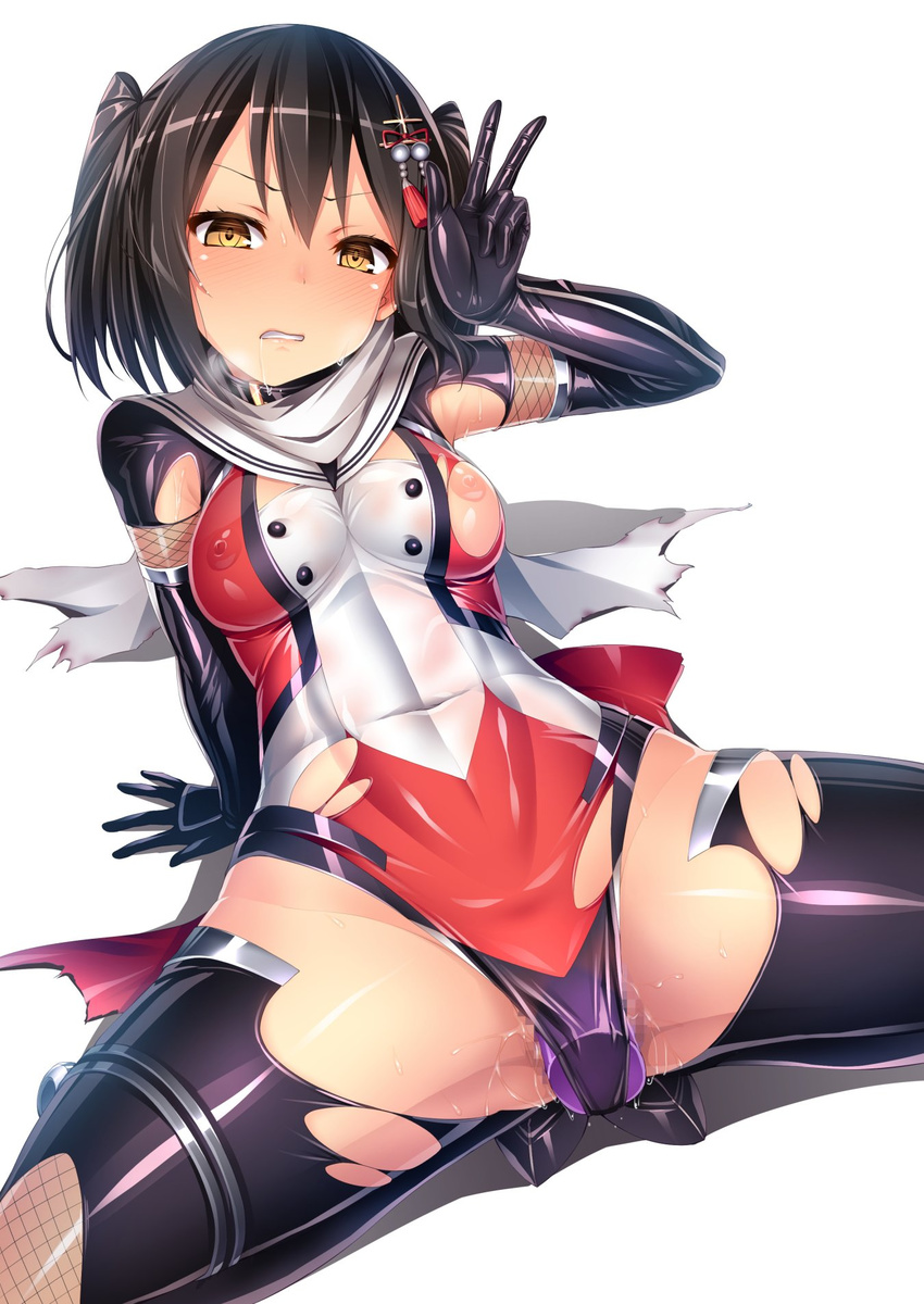 adapted_costume bangs black_hair blush breasts censored covered_navel covered_nipples dildo_under_panties double-breasted hair_ornament highres kantai_collection leotard looking_at_viewer medium_breasts mosaic_censoring nipples pussy_juice red_leotard remodel_(kantai_collection) saliva satou_kuuki scarf sendai_(kantai_collection) simple_background solo spread_legs squatting sweat taimanin_(series) taimanin_suit teeth thighhighs torn_clothes two_side_up vaginal w white_background white_scarf yellow_eyes
