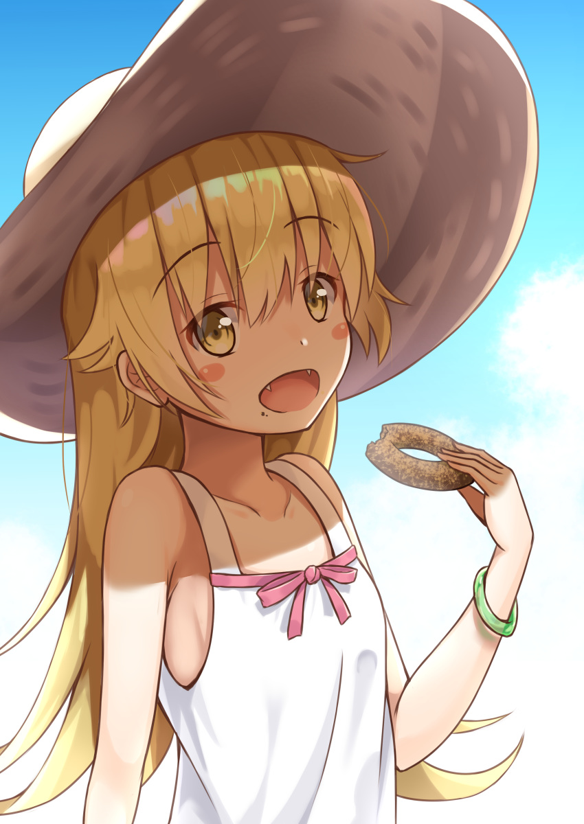 1girl :d absurdres bakemonogatari bangs bare_arms bare_shoulders blonde_hair blue_sky blush_stickers bracelet brown_hat commentary_request day doughnut dress eyebrows_visible_through_hair fangs flat_chest food food_on_face hat highres holding holding_food jewelry kugatsu_tooka long_hair monogatari_(series) open_mouth oshino_shinobu outdoors sky sleeveless sleeveless_dress smile solo straw_hat sun_hat sundress sunlight tareme upper_body very_long_hair yellow_eyes
