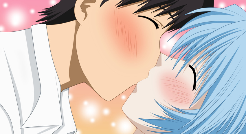 1girl ayanami_rei blue_hair blush brown_hair couple hetero ikari_shinji ikari_shinji_raising_project kiss neon_genesis_evangelion portrait short_hair x-ray99