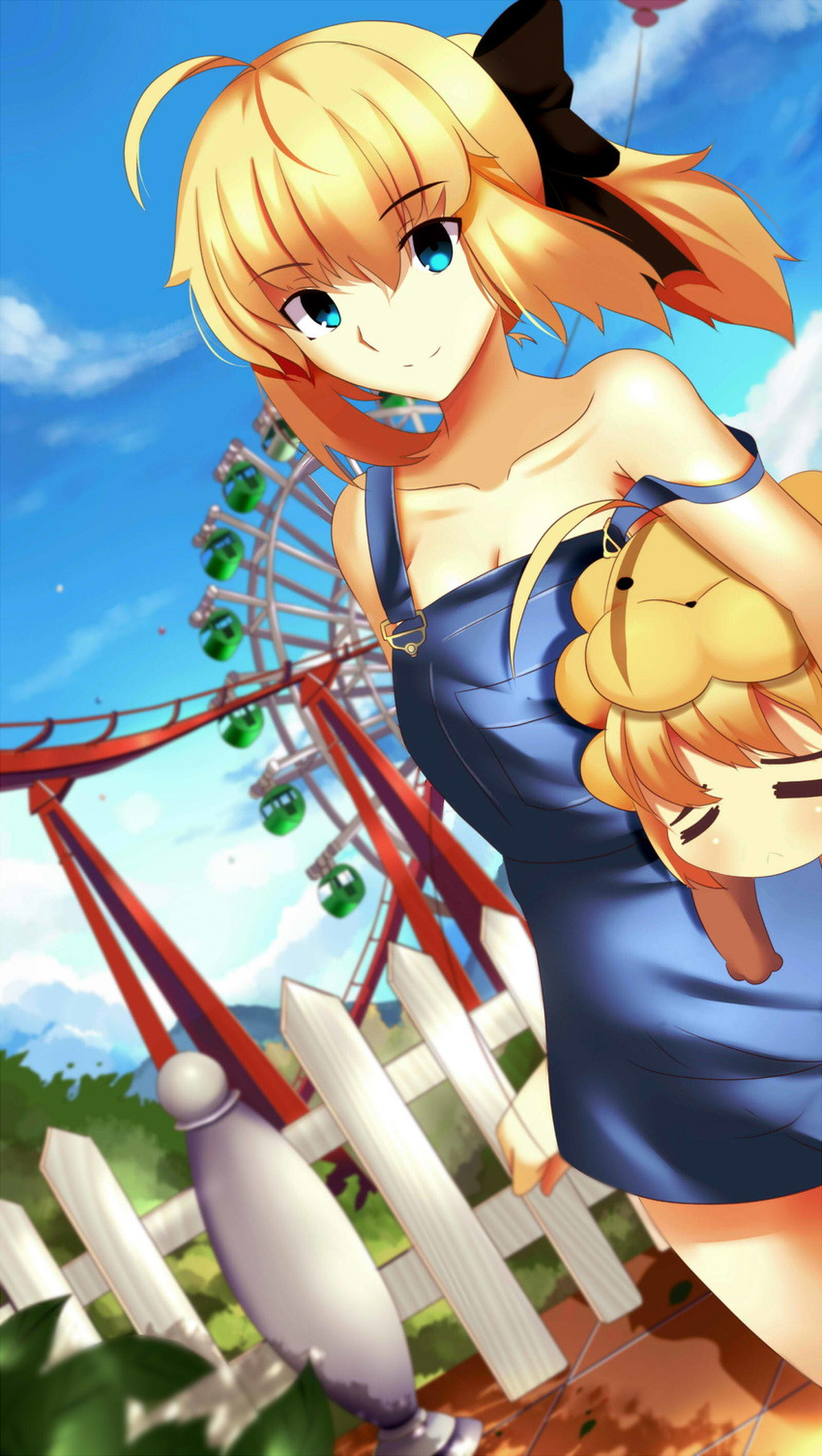 absurdres ahoge amusement_park artoria_pendragon_(all) bare_shoulders blonde_hair blue_eyes bow bush closed_eyes cloud collarbone dutch_angle fate/stay_night fate/tiger_colosseum fate/unlimited_codes fate_(series) fence ferris_wheel highres md5_mismatch mountain multiple_girls paperfinger pavement ponytail saber saber_lily saber_lion sky smile strap_slip