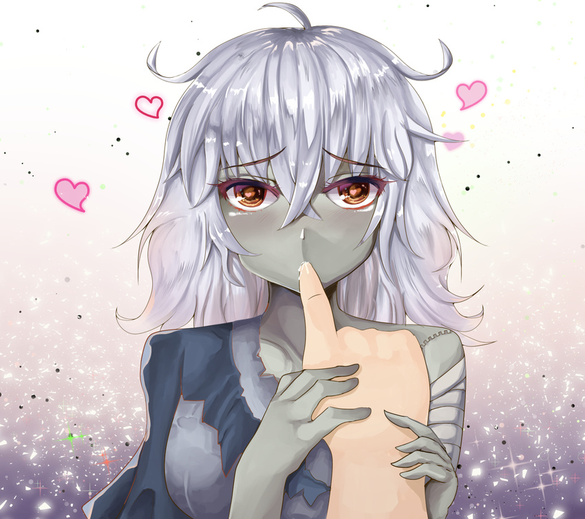 bandages bangs blush crossed_bangs eyebrows eyebrows_visible_through_hair finger_in_another's_mouth finger_sucking grey_hair grey_skin hair_between_eyes heart heart-shaped_pupils holding_hand long_hair looking_at_viewer messy_hair monster_girl monster_girl_encyclopedia orange_eyes paundo2 pov saliva solo_focus symbol-shaped_pupils torn_clothes upper_body zombie zombie_(monster_girl_encyclopedia)