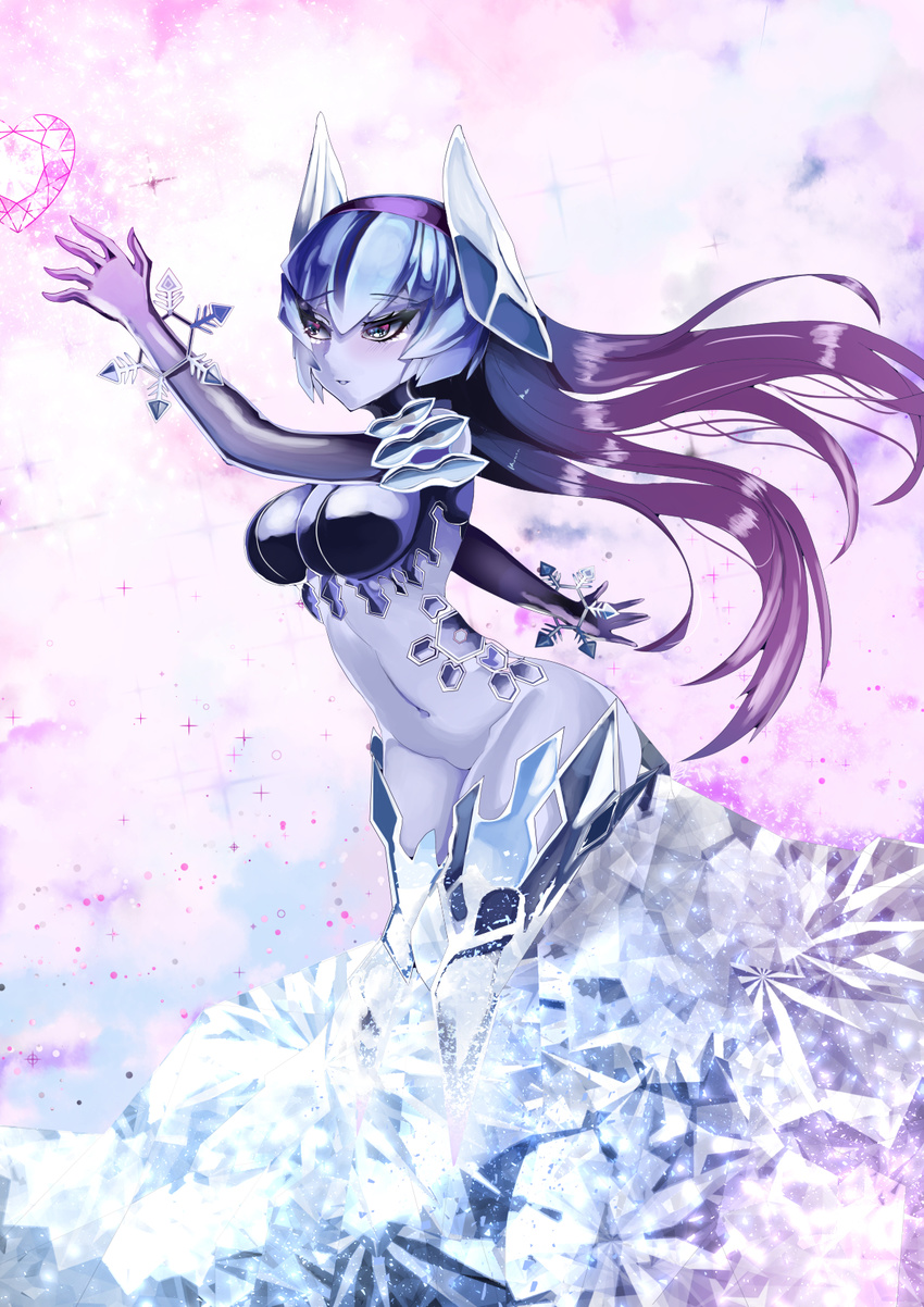 blue_eyes blue_hair blue_skin breasts full_body glacies_(monster_girl_encyclopedia) gradient_hair hairband heart highres ice large_breasts long_hair monster_girl monster_girl_encyclopedia multicolored_hair navel outstretched_arm paundo2 purple_hair snowflakes solo