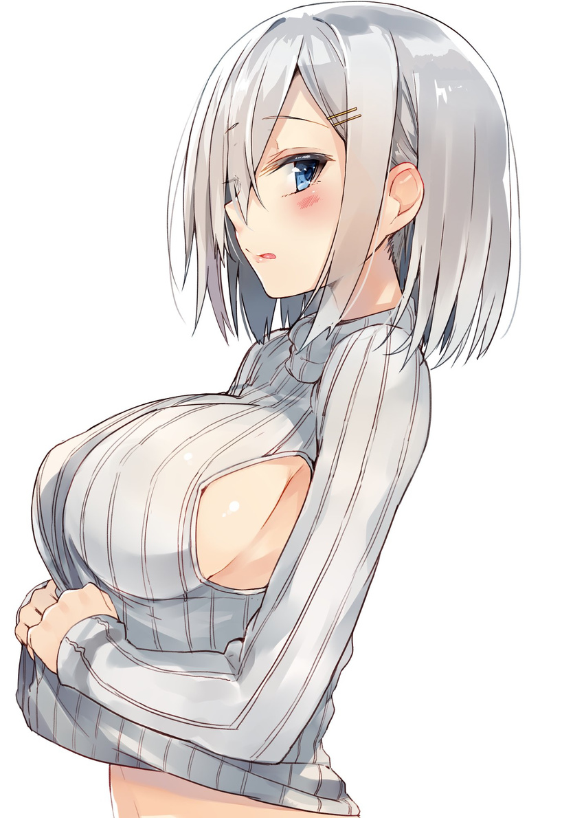 alternate_costume bad_id bad_twitter_id blue_eyes blush breasts clothes_lift ear from_side hair_ornament hair_over_one_eye hairclip hamakaze_(kantai_collection) highres impossible_clothes impossible_sweater kantai_collection kou_mashiro large_breasts looking_at_viewer looking_to_the_side open_mouth ribbed_sweater short_hair side_cutout sideboob silver_hair simple_background solo striped sweater sweater_lift vertical_stripes white_background
