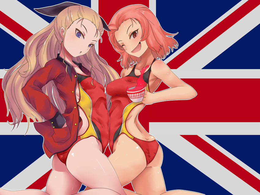 ;d ass assam blonde_hair blue_eyes competition_swimsuit cup dateya_torahachi flag_background from_side girls_und_panzer jacket long_hair military military_uniform multiple_girls one-piece_swimsuit one_eye_closed open_mouth red_eyes red_hair rosehip short_hair smile spill st._gloriana's_military_uniform swimsuit teacup uniform union_jack