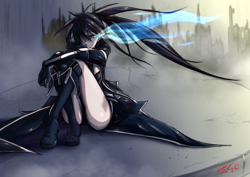 2012 absurdres backlighting black_coat black_footwear black_gloves black_hair black_rock_shooter black_rock_shooter_(character) black_shorts blue_eyes boots burning_eye cityscape crossed_legs dated deathklovc gloves highres knee_boots leg_hug light lonely long_hair looking_to_the_side ruins sad shiny shiny_hair short_shorts shorts signature sitting sitting_on_ground solo thighs wind
