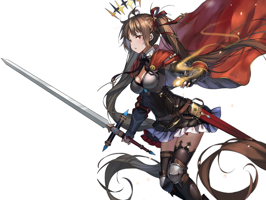 absurdly_long_hair armor armored_boots boots breasts brown_eyes brown_hair cape cleavage hair_ribbon halo highres holding holding_sword holding_weapon knee_pads long_hair long_sword looking_at_viewer magic medium_breasts miniskirt pleated_skirt ribbon sheath shi-chen skirt solo sword thighhighs twintails very_long_hair weapon white_background zettai_ryouiki