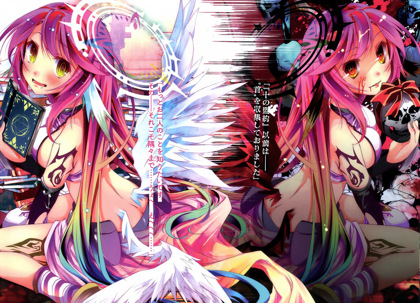 angel_and_devil angel_wings arm_support ass black_wings blood blood_on_face blush book bow breasts bridal_gauntlets crop_top cross dark_persona drooling dual_persona fang feathered_wings gloves gradient_eyes gradient_hair halo highres jibril_(no_game_no_life) kamiya_yuu long_hair low_wings magic_circle medium_breasts midriff mismatched_legwear multicolored multicolored_eyes multicolored_hair multiple_girls no_game_no_life novel_illustration official_art open_mouth orange_eyes pink_hair polar_opposites saliva shaded_face sideboob sitting skull smile symbol-shaped_pupils symmetry tattoo thighhighs tongue tongue_out white_wings wing_ears wings yellow_eyes