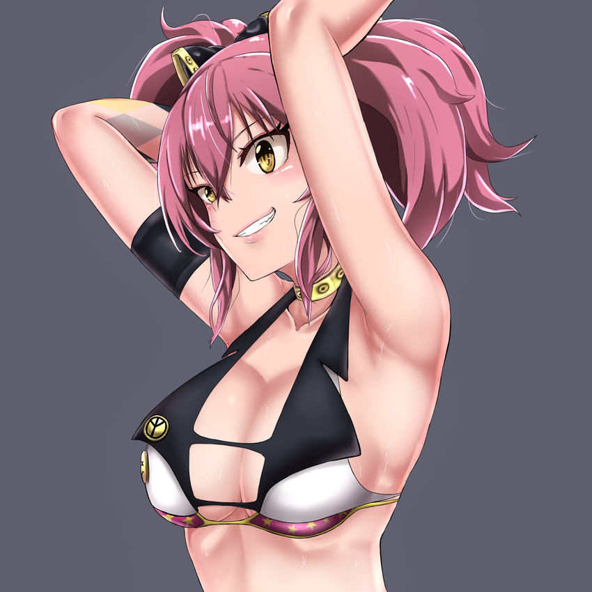 armband armpits arms_up bare_shoulders breasts choker cleavage crop_top demio grin highres idolmaster idolmaster_cinderella_girls jougasaki_mika large_breasts pink_hair sideboob simple_background smile solo twintails upper_body yellow_eyes