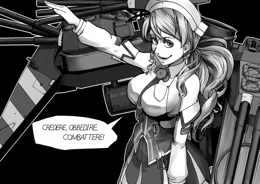 anchor arm_up armor bare_shoulders breasts cannon commentary corset detached_sleeves greyscale headdress hirano_kouta_(style) italian kantai_collection kirisaki_akihito large_breasts littorio_(kantai_collection) long_hair machinery monochrome necktie salute sideboob solo straight-arm_salute translated wavy_hair
