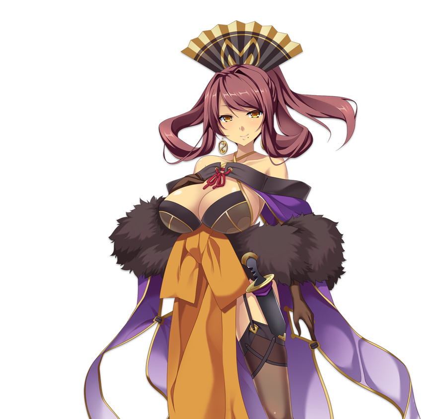 bare_shoulders breasts brown_hair cleavage dagger earrings gloves hair_ornament jewelry kashin koihime_musou large_breasts long_hair looking_at_viewer mole official_art smile solo thighhighs transparent_background weapon yellow_eyes