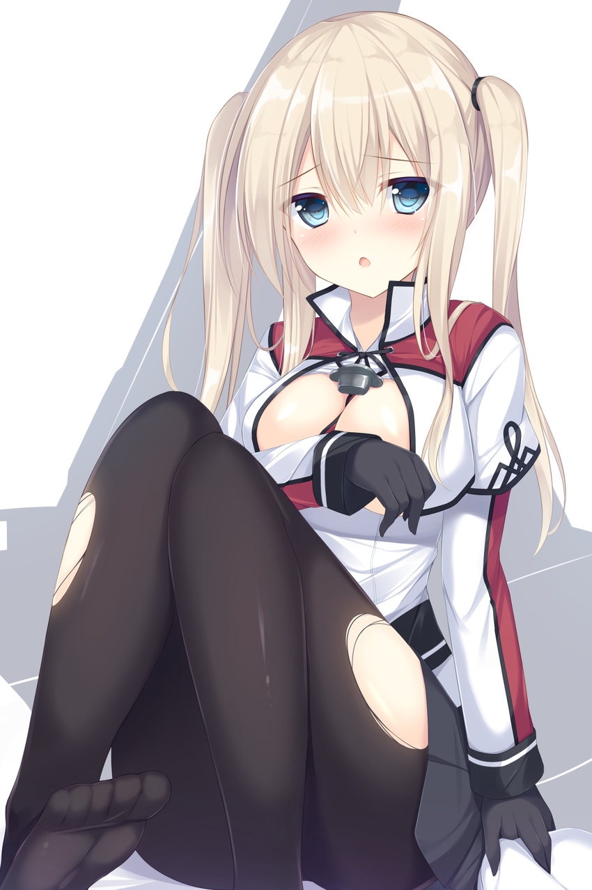 blonde_hair breasts capelet gloves graf_zeppelin_(kantai_collection) highres kantai_collection large_breasts long_hair miniskirt pantyhose skirt solo tomoo_(tomo) torn_clothes torn_legwear twintails