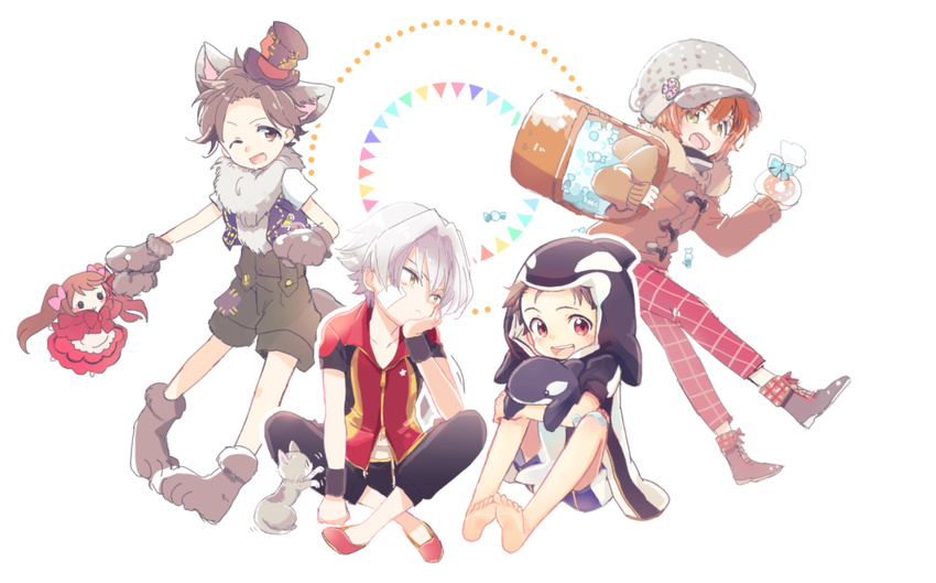 animal_hood bandaid bandaid_on_knee candy character_doll child food hat hood idolmaster idolmaster_side-m kamiya_yukihiro kimura_ryuu kizaki_ren looking_at_viewer male_focus mizushima_saki multiple_boys orange_hair orca otoko_no_ko stuffed_whale teuyu top_hat twintails wakazato_haruna younger