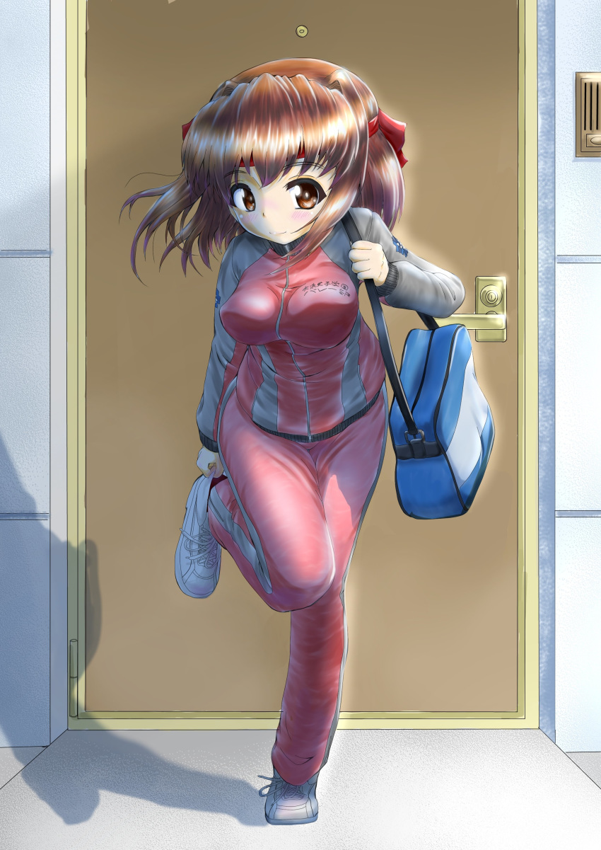 1girl absurdres bag bangs brown_eyes brown_hair carrying closed_mouth clothes_writing commentary cross-laced_footwear daxz240r day door emblem eyebrows_visible_through_hair full_body girls_und_panzer gym_uniform headband highres jacket kondou_taeko leg_up light_blush long_sleeves looking_at_viewer medium_hair ooarai_(emblem) outdoors pants putting_on_shoes raglan_sleeves red_headband school_bag shadow shoes single_vertical_stripe smile sneakers solo standing standing_on_one_leg track_jacket track_pants translation_request white_footwear