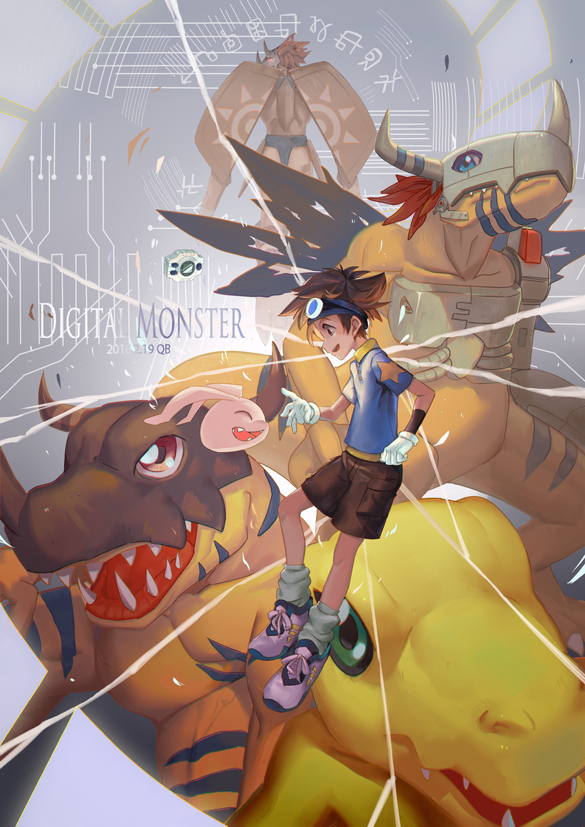 agumon brown_eyes brown_hair digimon digimon_adventure digivice gloves goggles greymon highres koromon metalgreymon profile qb short_hair smile wargreymon yagami_taichi