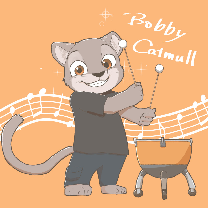 2016 anthro barefoot bobby_catmull child clothed clothing cougar cub disney drum felid feline fur male mammal music musical_instrument musician simple_background smile solo standing text young zootopia ゆーり