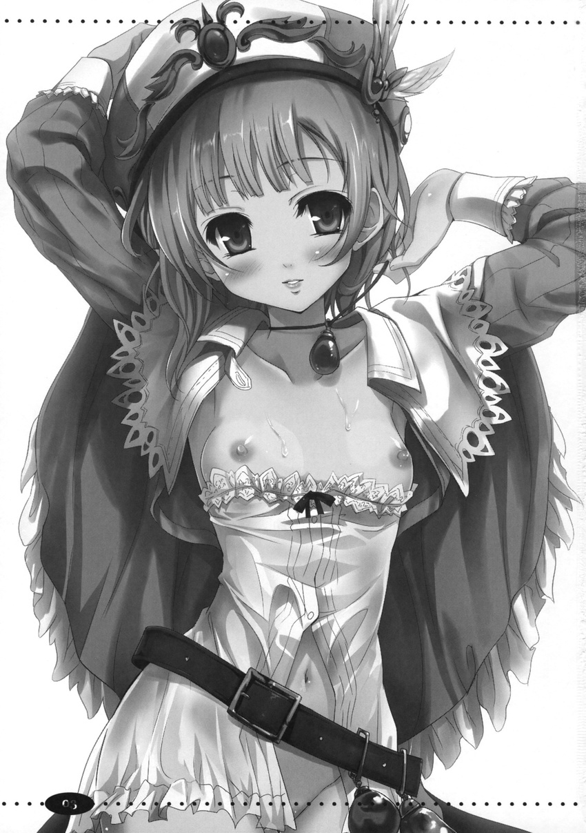 arms_up atelier_(series) atelier_rorona belt blush breasts convenient_censoring cowboy_shot doujinshi greyscale hat highres jewelry looking_at_viewer monochrome navel necklace nipples no_panties rororina_fryxell shawl shirt_pull small_breasts solo tougarashi_hideyu