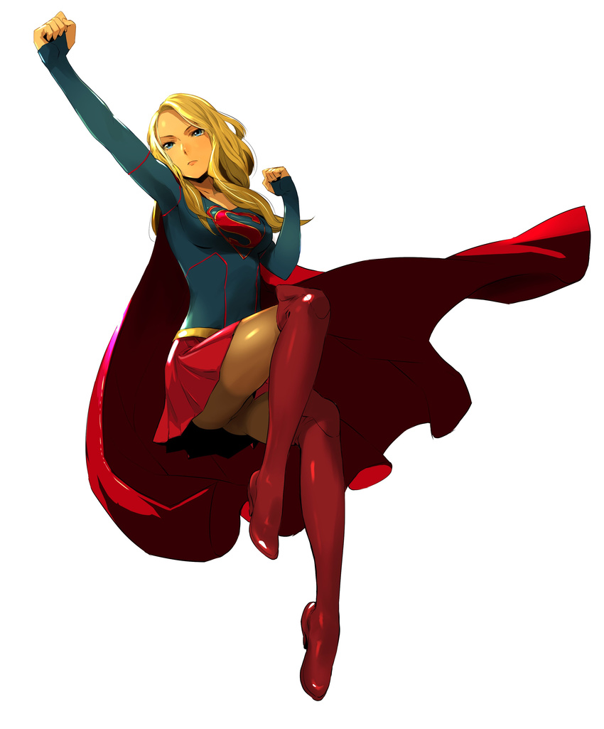 absurdres arm_up bangs blonde_hair blue_eyes boots breasts cape clenched_hands dc_comics enami_katsumi floating full_body highres knee_boots long_hair long_sleeves medium_breasts miniskirt plantar_flexion pleated_skirt raised_fist red_footwear simple_background skirt solo supergirl superhero swept_bangs thigh_boots thighhighs white_background