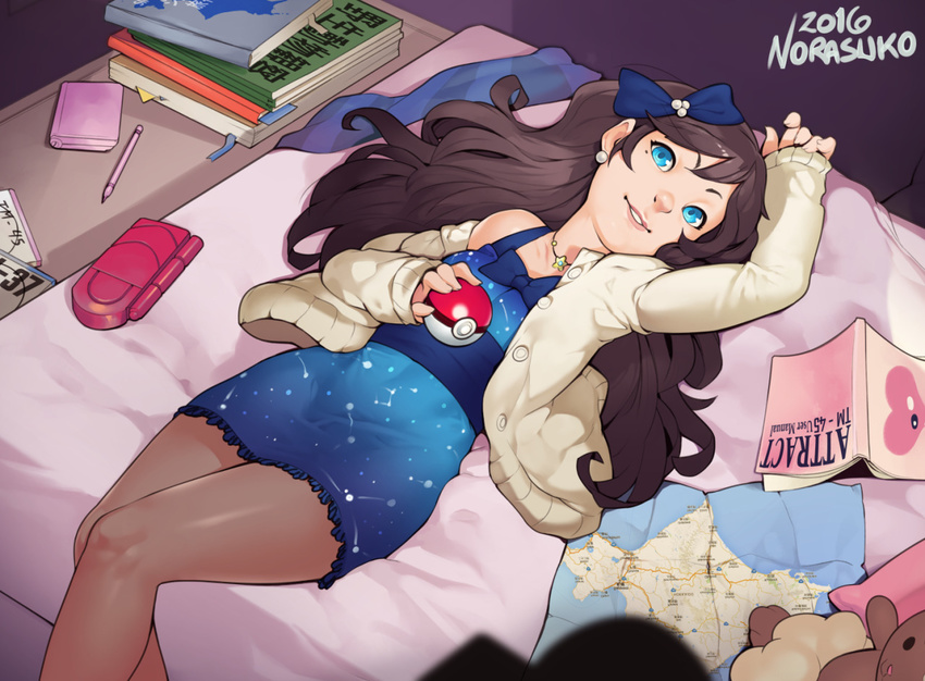 1girl 2016 artist_name bed blue_eyes book borrowed_character brown_hair bunnery dated dress looking_at_viewer luvdisc map norasuko on_back parted_lips poke_ball pokedex pokemon smile solo stuffed_toy