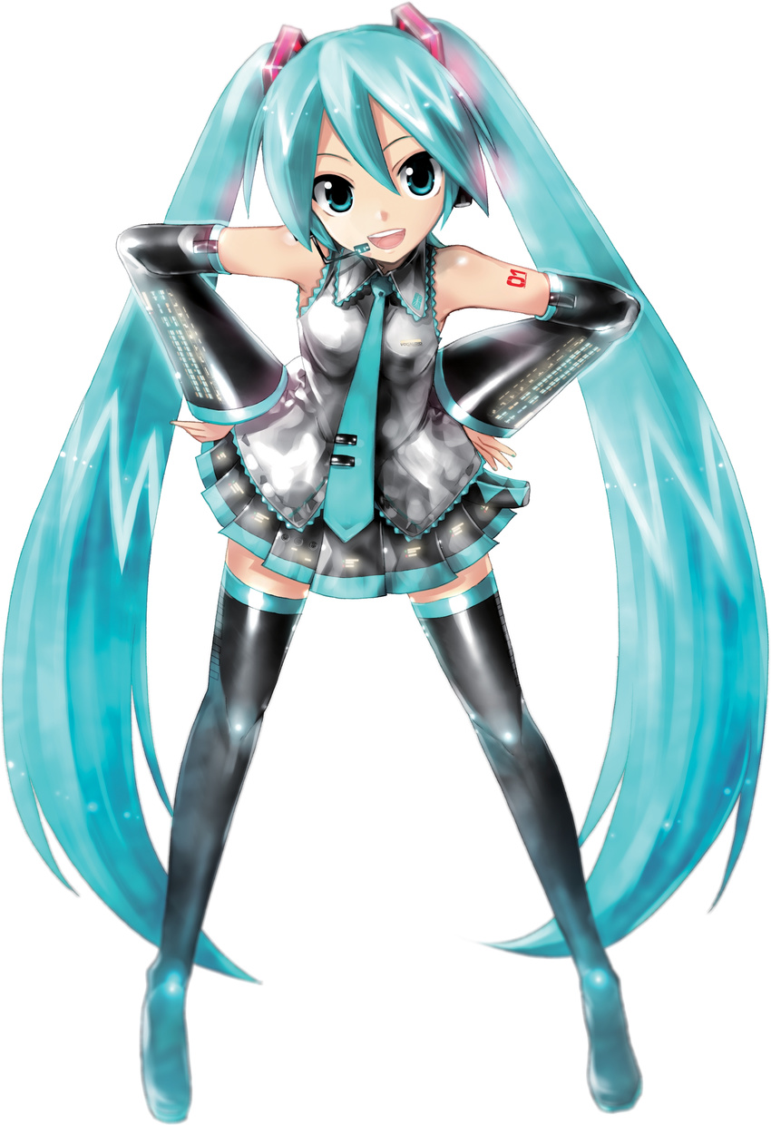 absurdres aqua_eyes aqua_hair black_footwear black_legwear boots detached_sleeves full_body hair_between_eyes hands_on_hips hatsune_miku headset highres kei_(keigarou) long_hair looking_at_viewer necktie official_art open_mouth simple_background skirt smile solo thigh_boots thighhighs twintails very_long_hair vocaloid white_background zettai_ryouiki