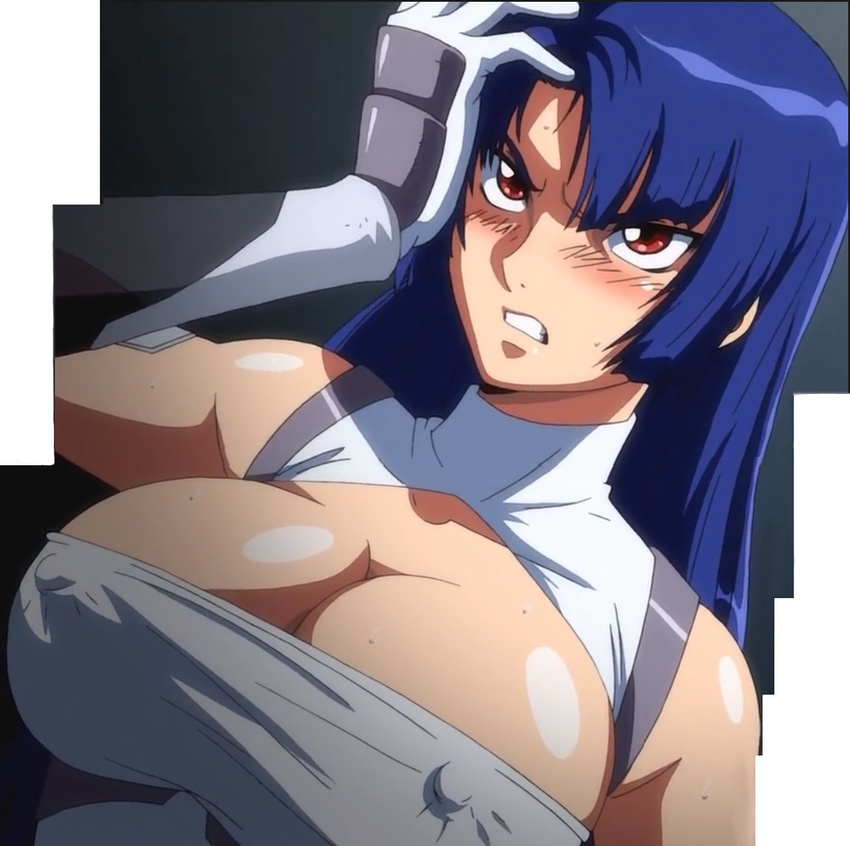 angry blue_hair breasts female large_breasts long_hair makai_kishi_ingrid no_bra screencap sweat yatsu_murasaki