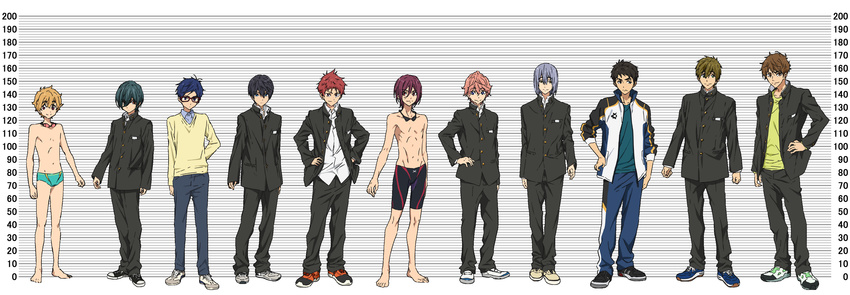 everyone free! gakuran hazuki_nagisa height_chart high_speed! kirishima_ikuya kirishima_natsuya male_focus matsuoka_rin multiple_boys nanase_haruka_(free!) ryuugazaki_rei serizawa_nao shigino_kisumi shiina_asahi swim_briefs swim_trunks tachibana_makoto topless yamazaki_sousuke