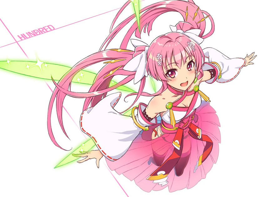 bare_shoulders blush breasts cleavage flower hair_flower hair_ornament hundred japanese_clothes kirishima_sakura_(hundred) long_hair looking_at_viewer miko nontraditional_miko ookuma_(nitroplus) open_mouth pink_eyes pink_hair ribbon sidelocks simple_background small_breasts smile solo twintails white_background wide_sleeves