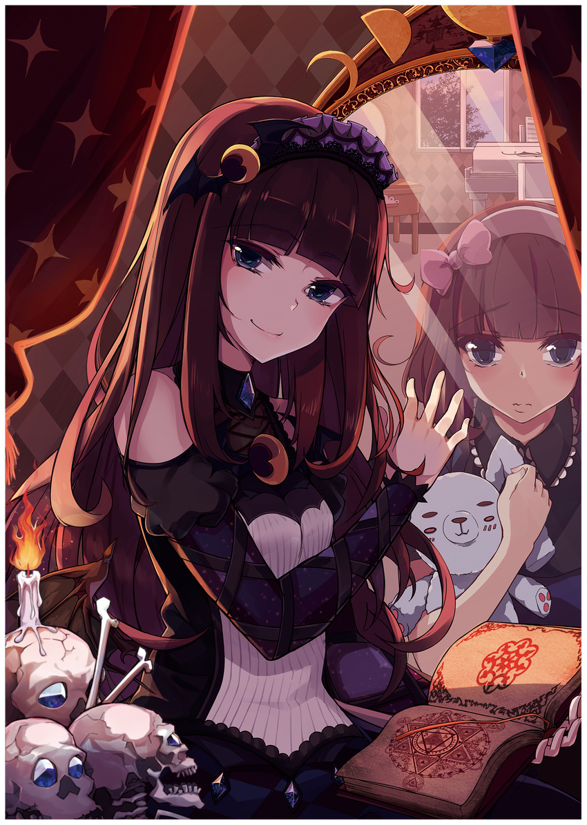 argyle bangs black_dress blue_eyes blunt_bangs blush_stickers book bow brown_hair candle crescent curtains demon_wings different_reflection dress dual_persona fire flame gem grimoire hairband head_tilt highres instrument kurosu_aroma lolita_hairband long_hair long_sleeves looking_at_viewer low_wings md5_mismatch mirror open_book piano pink_bow pretty_(series) pripara reflection skull smile sparkle stuffed_animal stuffed_bunny stuffed_toy tears tree wavy_mouth window wings xingjinmeijian