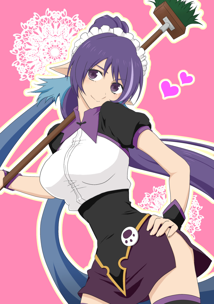 alternate_costume blue_hair breasts broom hand_on_hip head_tilt heart highres judith large_breasts long_hair maid_headdress md5_mismatch multicolored_hair pointy_ears purple_eyes purple_hair side_slit skirt solo tales_of_(series) tales_of_vesperia tara_(ffix589) thighhighs tri_tails two-tone_hair very_long_hair wrist_cuffs