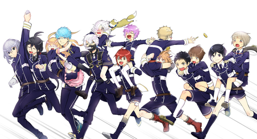 ^_^ ahoge akita_toushirou atsushi_toushirou black_gloves black_hair black_legwear blonde_hair blue_hair boots brown_eyes brown_hair cape carrying closed_eyes fox gloves gokotai gotou_toushirou green_eyes hair_over_one_eye hakata_toushirou hirano_toushirou honebami_toushirou ichigo_hitofuri kneehighs kuronomine maeda_toushirou male_focus midare_toushirou military military_uniform multiple_boys nakigitsune nakigitsune's_fox namazuo_toushirou necktie open_mouth piggyback pink_hair ponytail princess_carry purple_eyes red_hair running shinano_toushirou shorts shoulder_carry smile thighhighs touken_ranbu uniform white_gloves white_hair white_legwear yagen_toushirou yellow_eyes