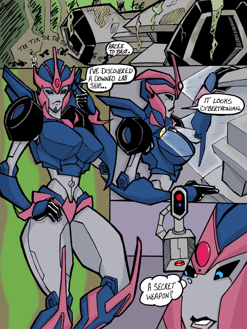 alien arcee armor big_breasts breast_plate breastplate breasts chest_plate comic cybertronian digital_media_(artwork) english_text female head_lights helmet humanoid invalid_color living_machine machine megadevianttron_(artist) military not_furry robot ship smile space_craft standing text thick_thighs transformers transformers_prime vehicle voluptuous