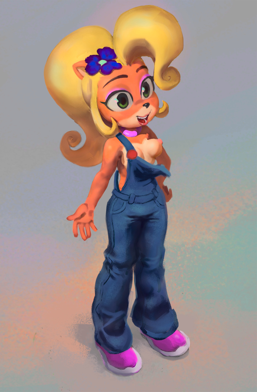 anthro bandicoot blonde_hair breasts clothing coco_bandicoot crash_bandicoot_(series) eyeshadow female flo flower flower_in_hair footwear green_eyes hair hi_res long_hair makeup mammal marsupial open_mouth overalls plant shoes simple_background solo standing video_games