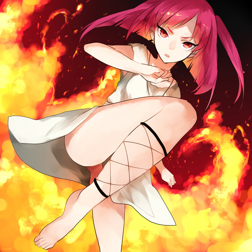 ankle_lace-up bad_feet barefoot collarbone cross-laced_footwear fire highres koyubi_right long_hair looking_at_viewer magi_the_labyrinth_of_magic morgiana no_panties one_side_up red_eyes red_hair solo