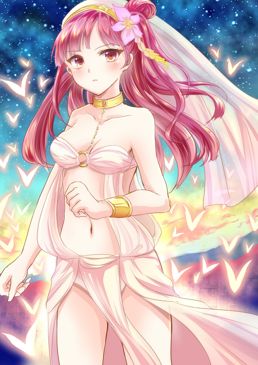 absurdres breasts brown_eyes cleavage collar collarbone highres kashiwagi_chisame long_hair magi_the_labyrinth_of_magic medium_breasts morgiana navel purple_hair sky solo star_(sky) starry_sky