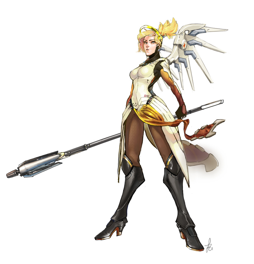 absurdres blonde_hair blue_eyes breasts full_body high_heels highres long_hair mechanical_halo mechanical_wings mercy_(overwatch) overwatch parted_lips ponytail puffeyes simple_background solo staff standing white_background wings