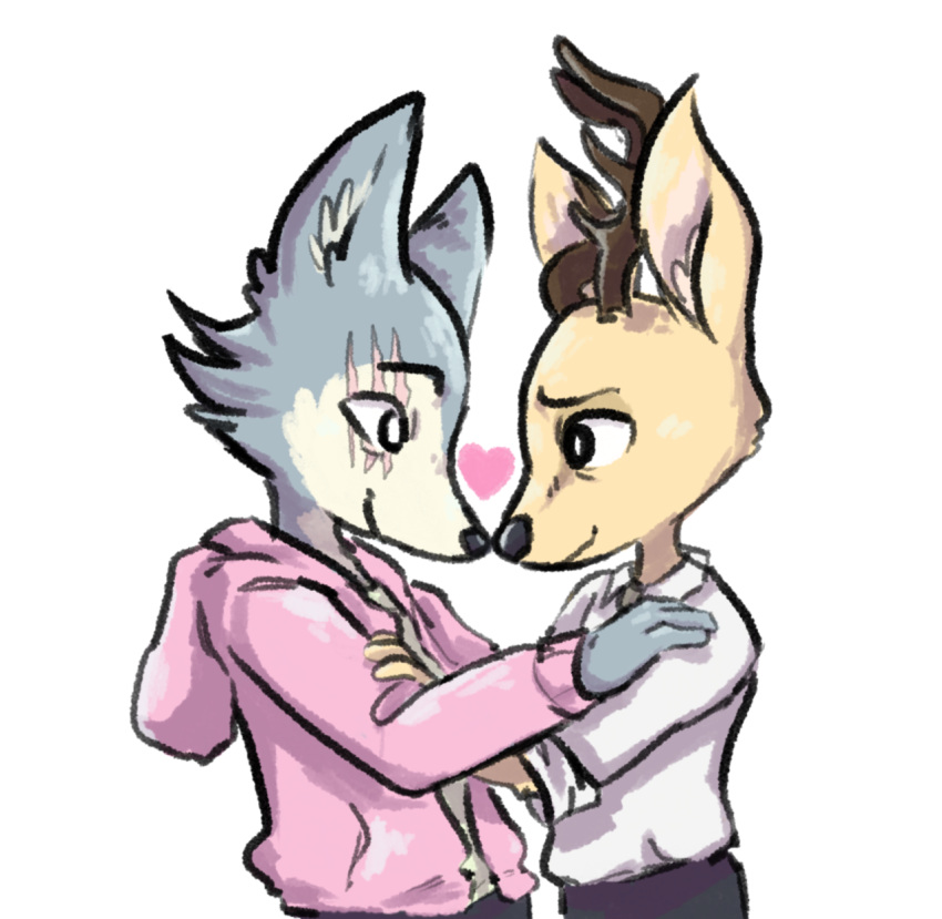 beastars canid canine canis cervine clothing emeraldotter hoodie legosi_(beastars) louis_(beastars) male male/male mammal scar wolf