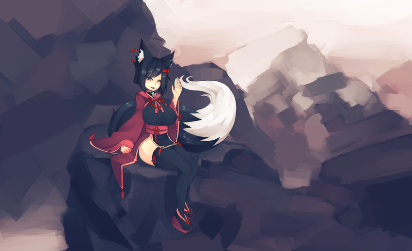 animal_ear_fluff animal_ears black_hair blue_eyes breasts fang fox_ears fox_tail highres japanese_clothes kiri_(sub-res) large_breasts looking_at_viewer notched_ear one_eye_closed open_mouth original sandals sitting sitting_on_rock solo sub-res tail thighhighs